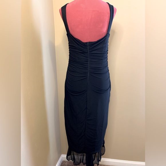 BLACK ASYMMETRICAL RUFFLE HEM RUCHED DRESS - Picture 11 of 13